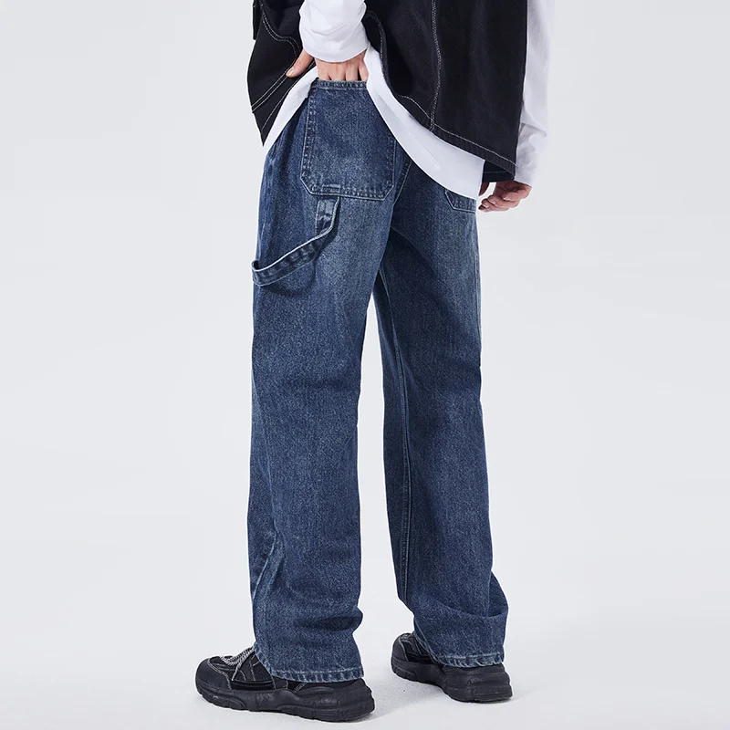 Blue Baggy Jeans Men Fashion Retro Pocket Cargo Jeans Men Japanese Streetwear Hip Hop Loose Straight Denim Pants Mens Trousers