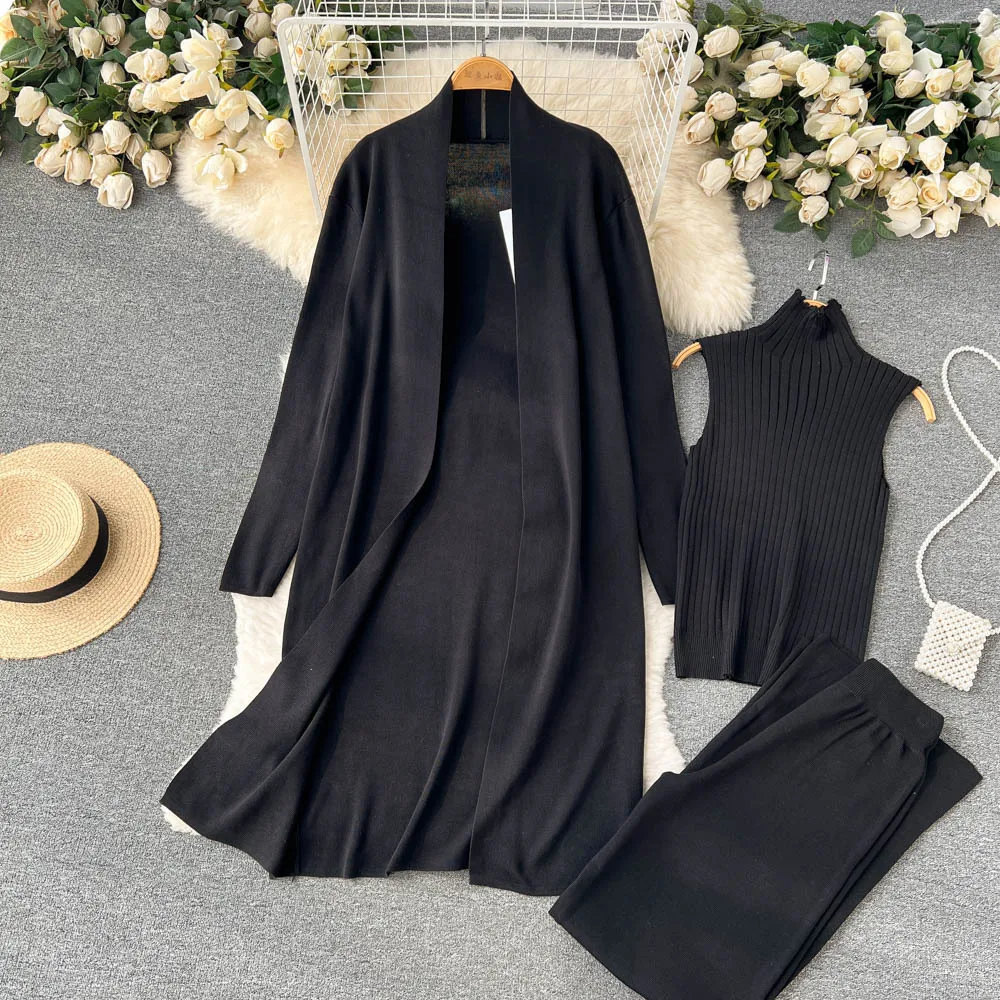 3Pcs/set Winter Autumn Knitted Women Clothing Women Long Sleeve Cardigans+Turtleneck Knit Tank Top+Warm Long Pant Sets
