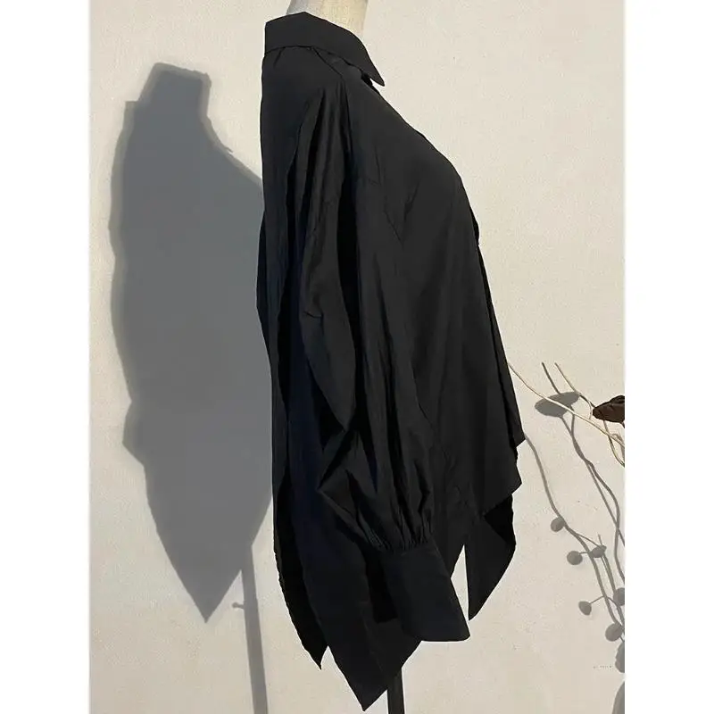 Женская Асимметричная блузка Dimanaf черная Свободная рубашка с отложным