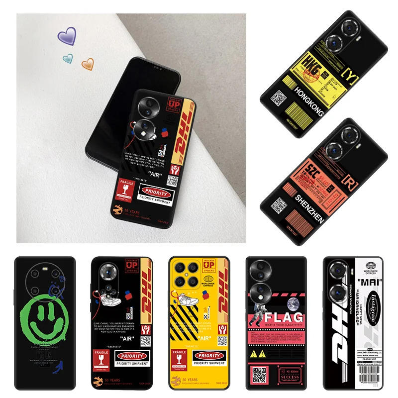 Силиконовые черные чехлы для телефонов Honor 80, 70, 60, 50, 30, 20, X9a, X8, X7, X6, X5, Magic5, 4, Dhl Express, желтая этикетка, чехол для Huawei Mate 20, 10