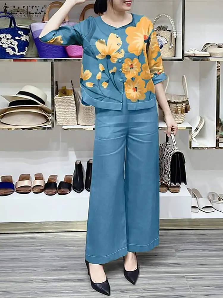 Zanzea Женский Модный Комплект Широких Брюк Повседневная Блузка С Круглым Вырезом
