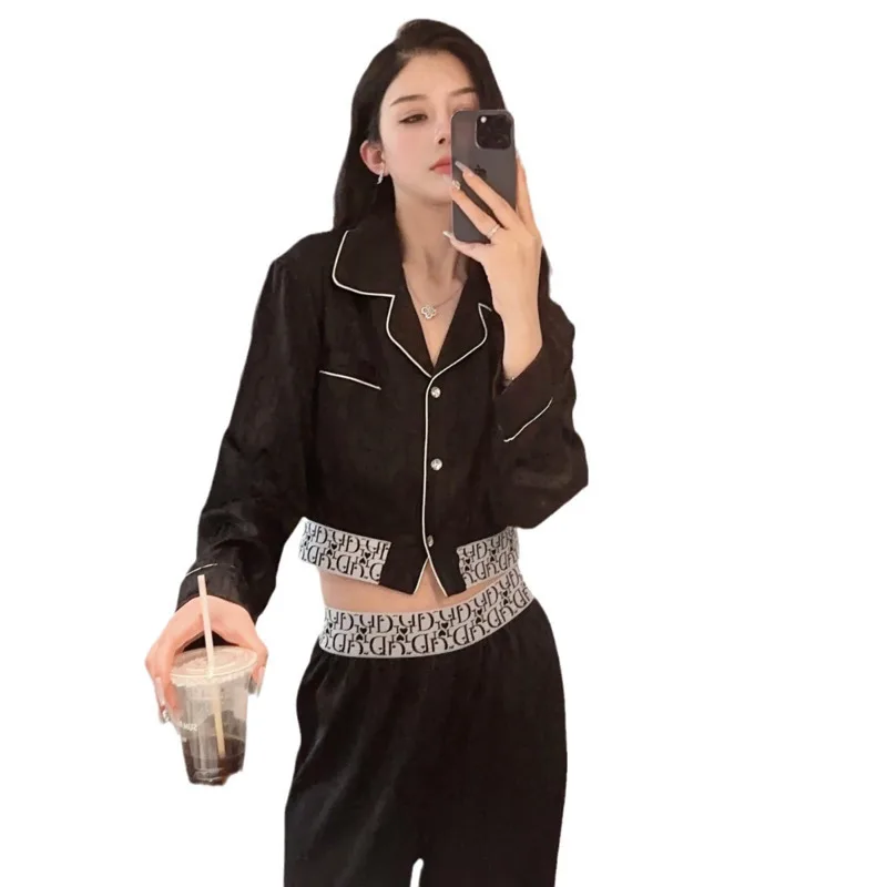 Осень 2024 ледяной шелк с длинным рукавом и пупком повседневный модный домашний