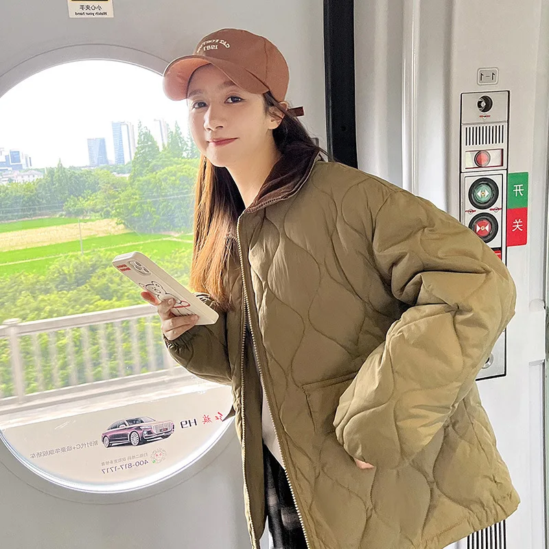 Women Cotton Jacket New Winter Long Sleeve Short Fashion Casual Stand Collar Light Cotton Jackets Solid Woman Cotton Clothes