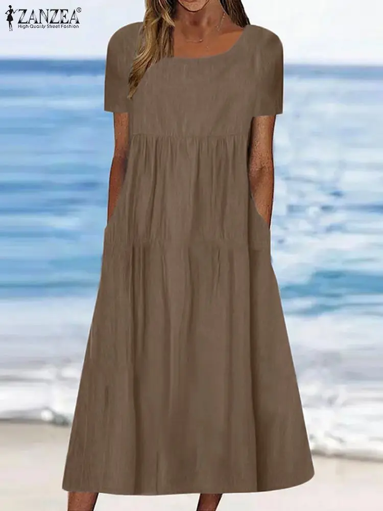 

2023 ZANZEA Summer Fashion Short Sleeve Sundress Woman Elegant Fake Denim Dress Femme O-Neck Solid Dresses Casual Loose Vestidos