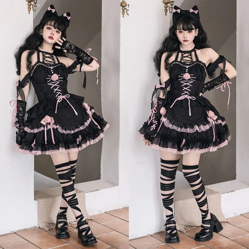 

Black Victorian Vintage Gothic Lolita Mini Dress Kawaii Flower Lace Ruffle Bandage Sleeveless Y2k Party Girls Sweet Dress