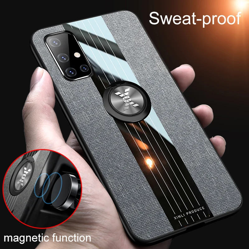 

Fabric Case for Samsung A51 A71 4G 5G Car Ring Holder Acrylic + Soft Silicone Canvas Luxury Phone Cover Galaxy A52 A72 4G5G A52S