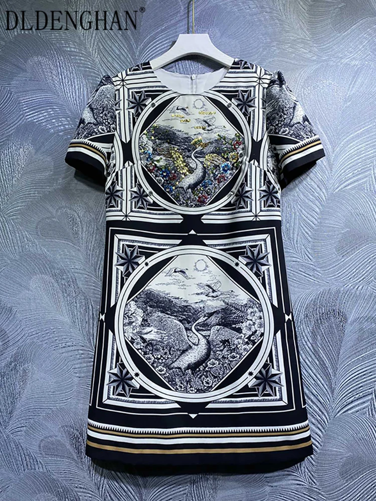 

DLDENGHAN Women Dress O-Neck Short Sleeve Sequined Beading Vintage Print Mini Dresses Fashion Designer Summer New