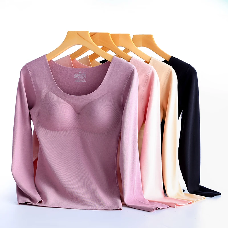 Autumn Winter Velvet Latex Cup One-piece Women Thermal Underwear Plus Velvet Thick Top Round Collar Long-sleeved Clothes