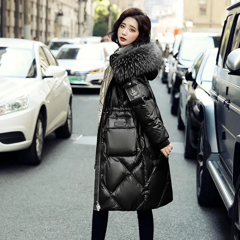 Down Jacket Women 2022 Winter New Fashion Real Raccoon Fur Collar White Duck Down Coat Female Casual Long Slim Hooded Parkas