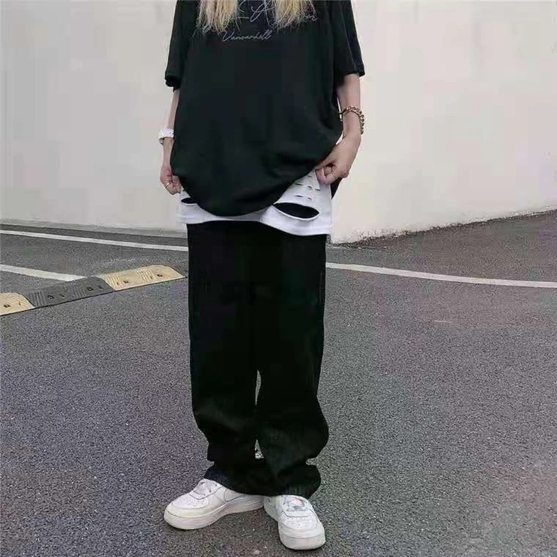 Y2k Emo Mens Black Harajuku Streetwear Alt Jeans Straight Fairy Grunge Wide Leg Pants Denim Trousers High Waist Oversize Clothes