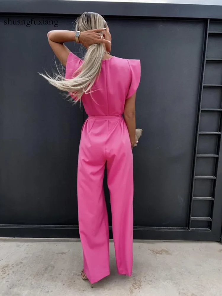 Women's Jumpsuits Summer Casual Ruffles Belt Office Lady Wide Leg Playsuit Overalls For Women Elegant Pure Color Jumpsuit Women 