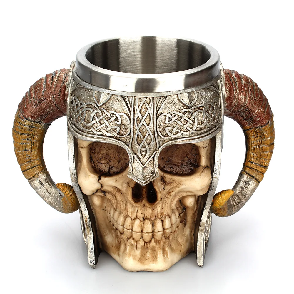

Stainless Steel Double Handle Horn Skull Beer Cup,Viking Warrior Skull Mug Tankard,Medieval Skull Drinkware Mug for Coffee/Juice