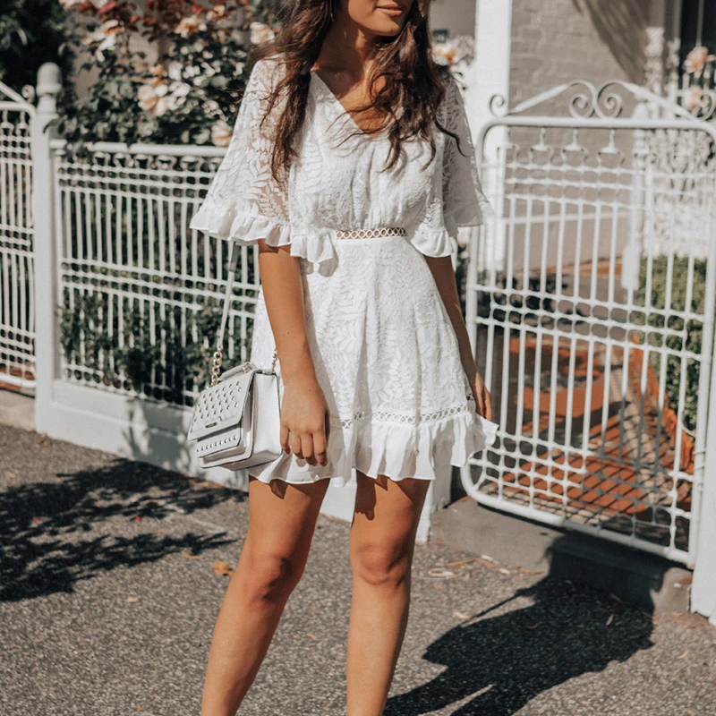 

Women's Trumpet Sleeve Ruffled Mini Dress 2021 Summer V-neck White Lace Dress Women's A Line Short Party Vestidos Party Dresses
