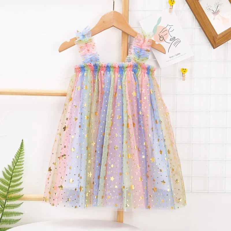 Summer Girls Dress Brand New Arrival Kids Pastel Rainbow Dress Sequins Ankle-length Princess Dress for Girls Casual Clothing
