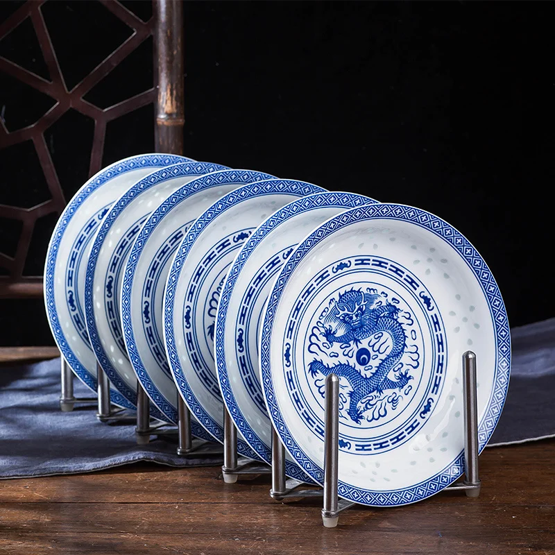 

Китайские 8-дюймовые сине-белые фарфоровые обеденные тарелки, керамические винтажные тарелка с драконом, кухонная круглая посуда, бытовой поднос для еды