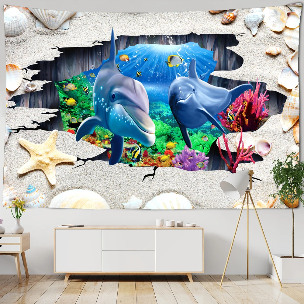 

Undersea World Tapestry Wall Hanging Sea Ocean Dolphin Tapestry 3D Printed Tapestries for Living Room Bedroom Dorm Wall Blanket