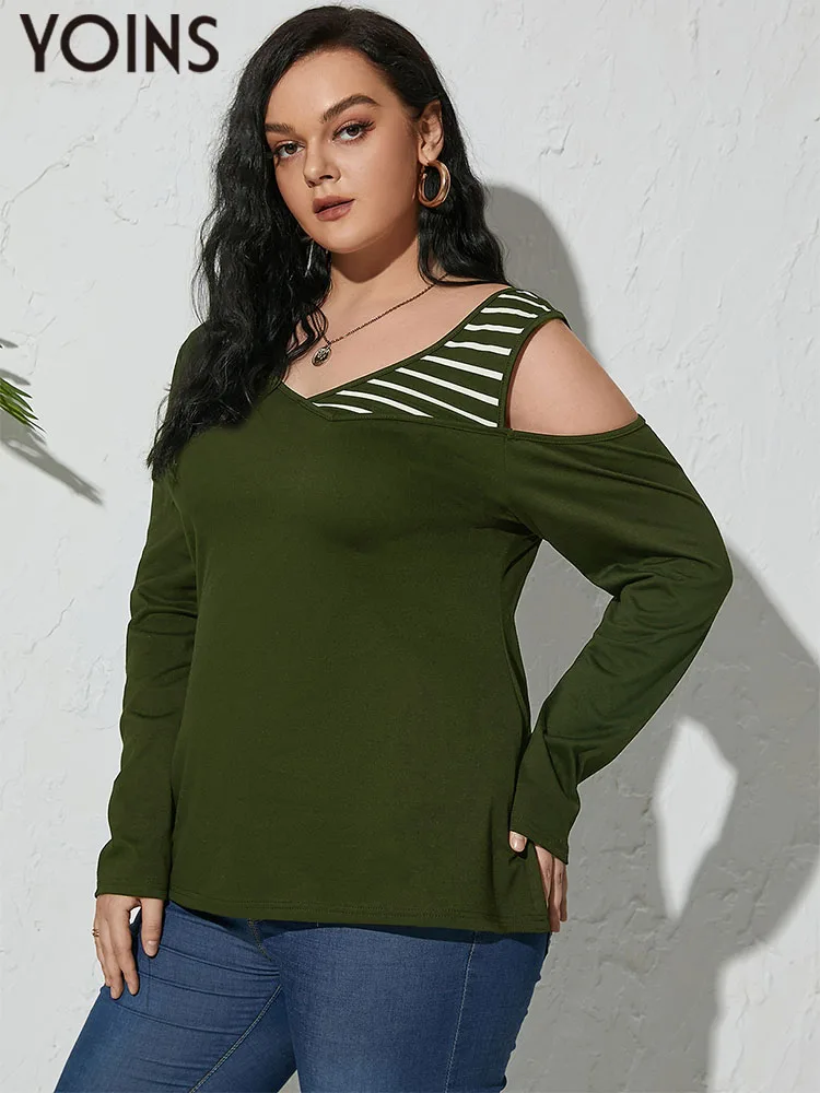 

YOINS Vintage Striped T-Shirts Women's Sexy V Neck Cold Shoulder Long Sleeve Tunic Tops 2023 Autumn Plus Size Casual Slim Tees