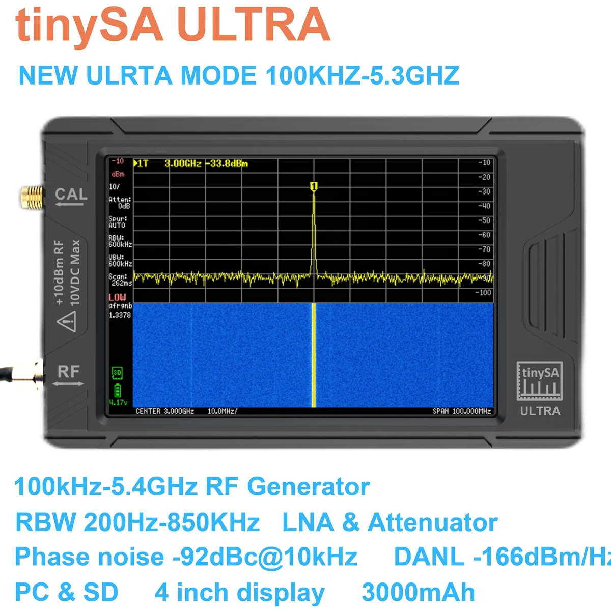 

Новый Портативный Миниатюрный анализатор спектра Wishcolor ULTRA 100k-5,3 ГГц, генератор радиосигналов с 4-дюймовым дисплеем для tinySA с батареей