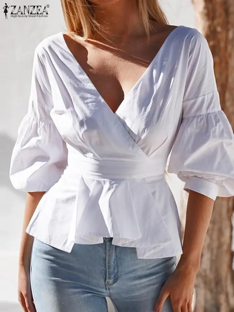 

Streetwear Ruffled Peplum Tops ZANZEA Women Lantern 3/4 Sleeve Blouse Casual V Neck Short Shirt 2023 Spring Sexy Waisted Tunics