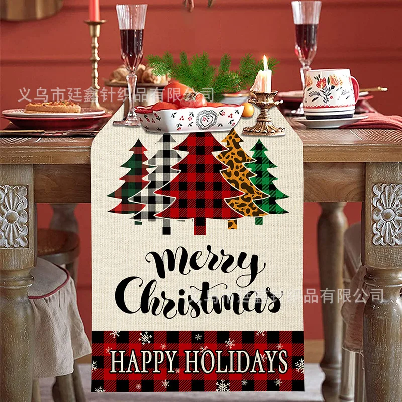 Christmas Table Runner Long Burlap Linen Holiday Xmas Theme Red Truck Buffalo Plaid Snowman Dining Party Outdoor Santa Tree images - 6