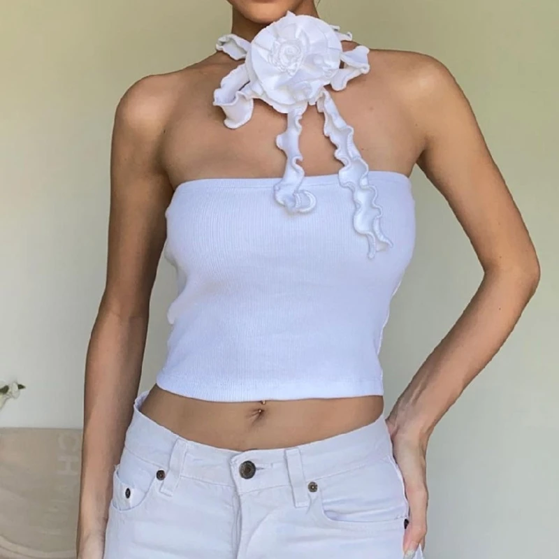 

Women Summer Off Shoulder Crop Tube Top Aesthetic Multiway Bandage Flower Applique Halter Ribbed Bodycon Vest Camisole