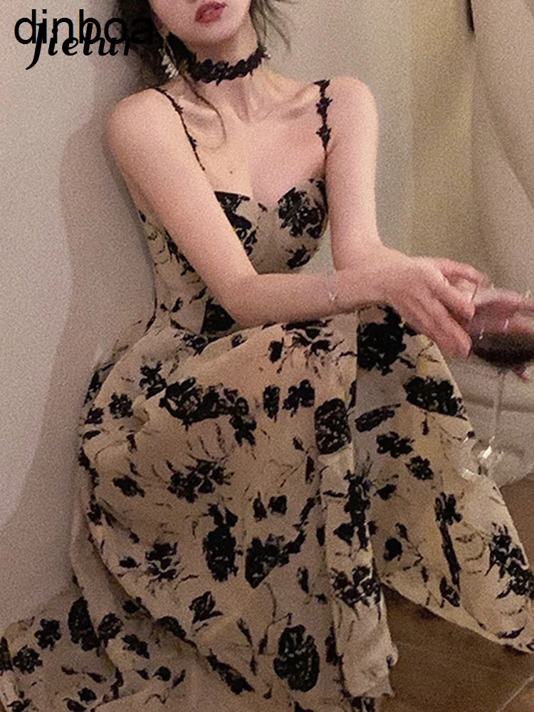 

Jielur 2022 Summer Floral Strap Midi Dress Women Sleeveless Elegant Vintage Dress Evening Party One Piece Dress Korean Fashion