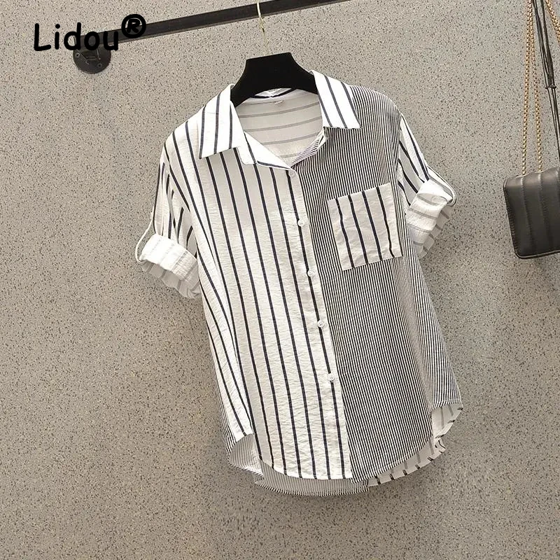 

2022 Spring Summer Striped Black and White Contrast Color Loose Long Shirt Short Sleeve Turn Down Collar Korean Fashion Blouse