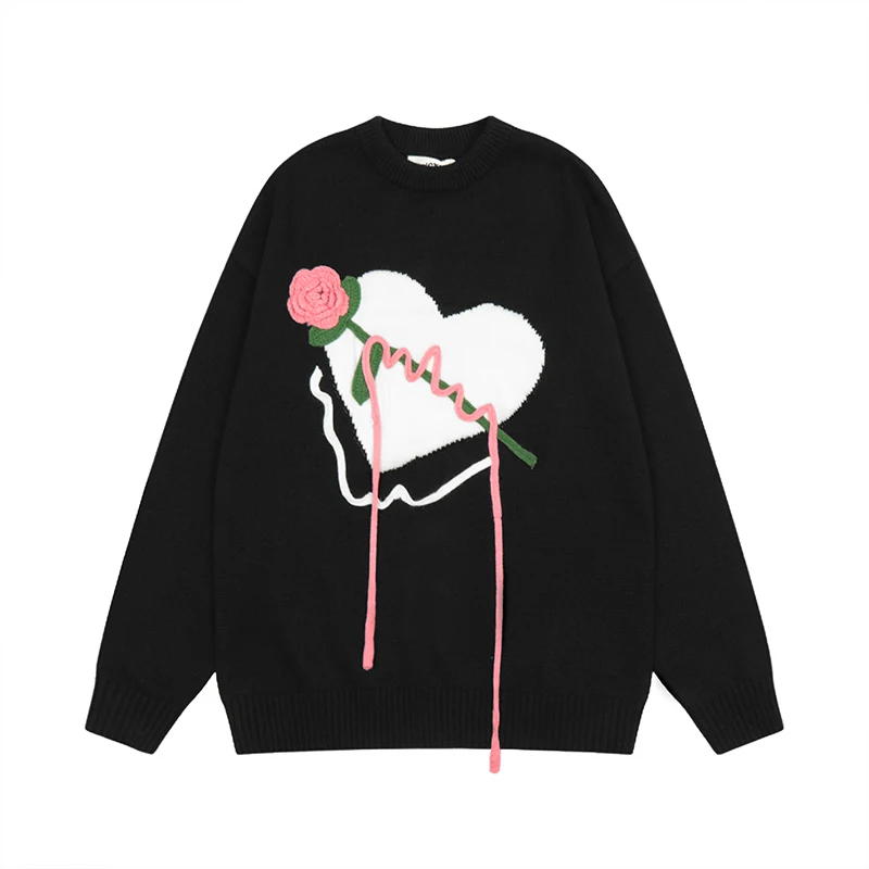 

Rose Flower Embroidery Love Pattern White Black Autumn Men's Sweater High Street Oversized Hip Hop Solid Color Pullover Clothes