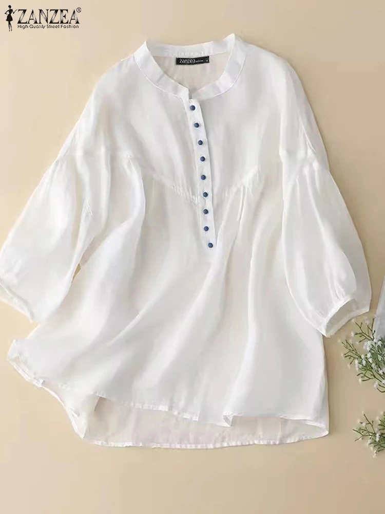 

ZANZEA 2023 Summer Women Elegant Shirt Blouse Solid Dropped Shoulder Stand Collar Puff Sleeve TopContrast 3/4 Sleeve Blusas