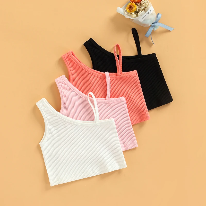 

Pudcoco 2-8T Vest Breathable Summer Little Girls Toddlers Sweet Style Solid Color One Shoulder Short Tops Casual Clothes
