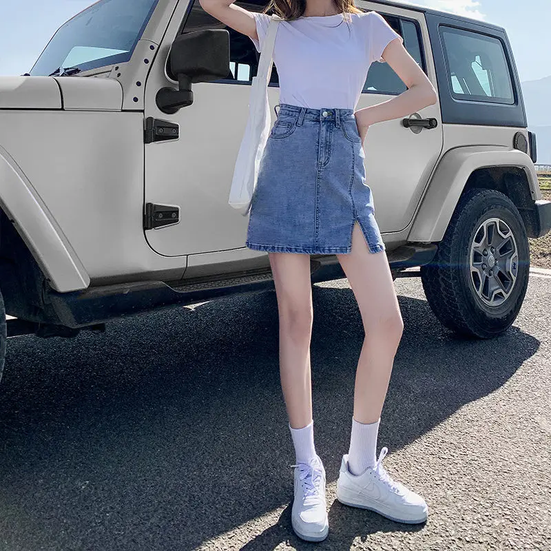 

Spring Summer Women's New Fashion Split Denim Skirt Thin High Waist Slim Contracted Joker Small A-shaped Hip Skirt