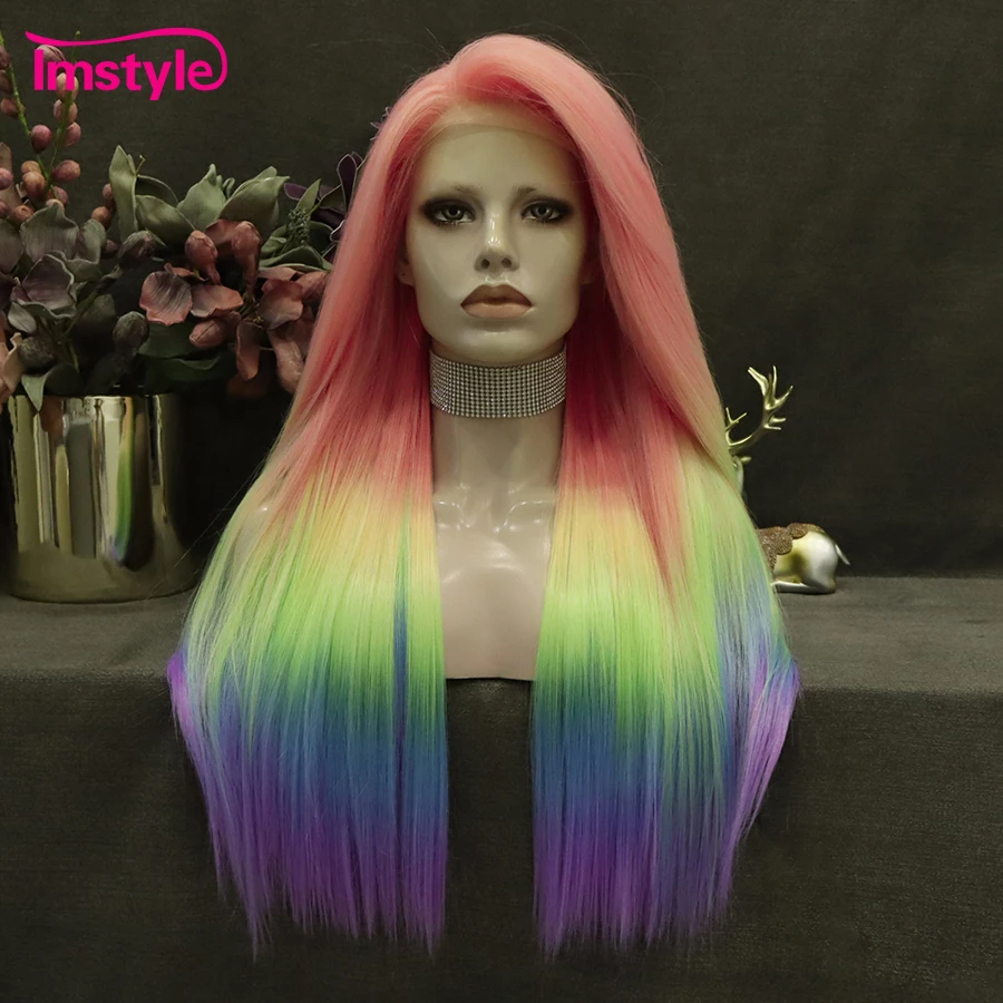 Imstyle Rainbow Synthetic Lace Front Wig Long Straight Multicolor Wigs Colorful Wigs For Women Cosplay Party Wig Heat Resistant