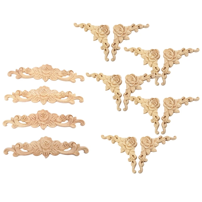

14Pcs Rubber Wood Carved Long Onlay Applique Unpainted Rose Flower Door Home Decor - 10Pcs 8X8cm & 4Pcs 20X5cm