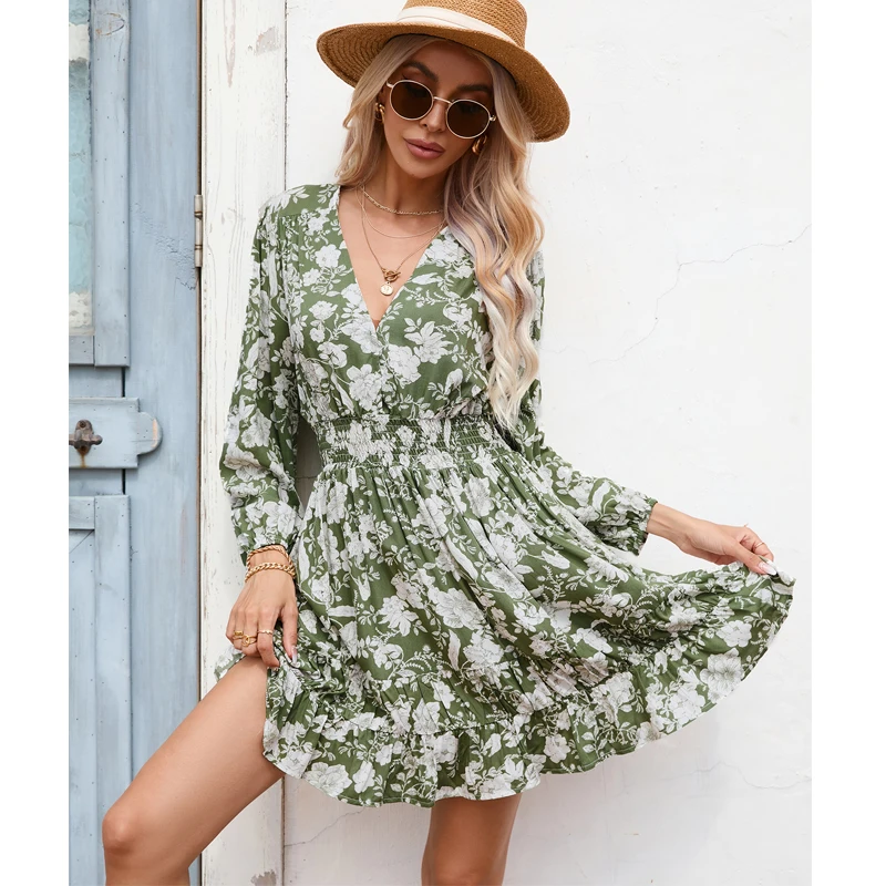 

2023 Summer Chic Fashion Floral Print V-neck Shirring Waist A-line Slim Dress Casual Beach Vacation Seaside