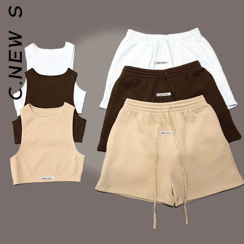 

C.New S Women Set New Retro Tops And Pants Womens Ribbed Skinny Tank Sporty Solid Letter Two Piece Set Basic Female Sweatsuits