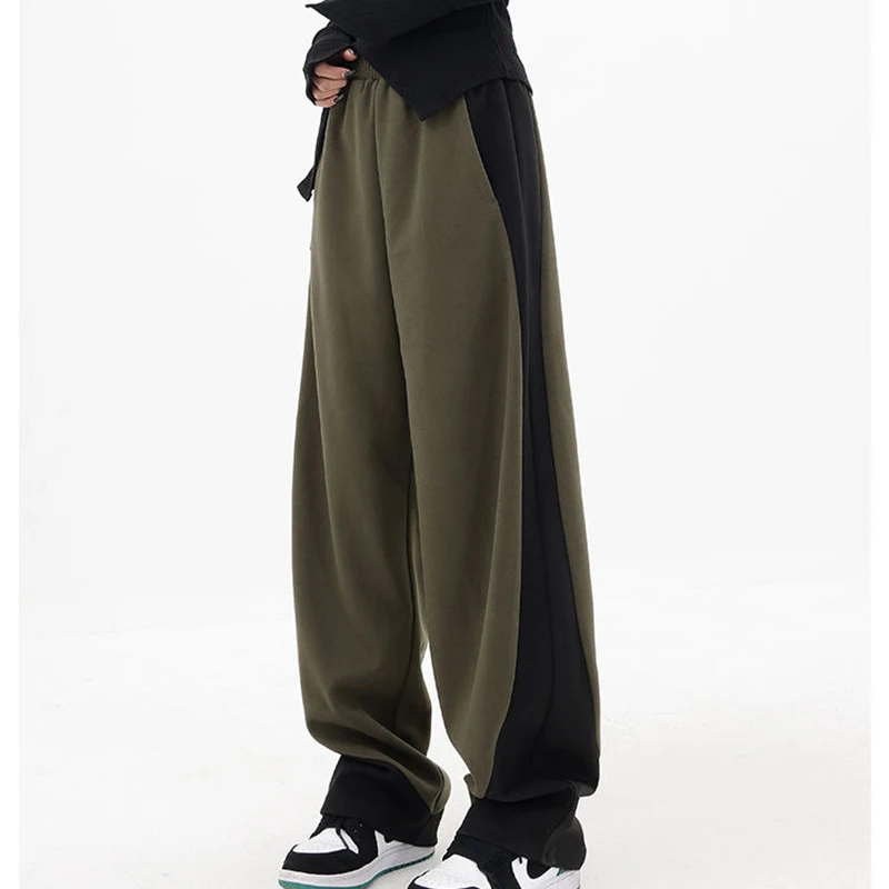 MEXZT Vintage Patchwork Sweatpants Women Contrast Color Casual Loose Wide Leg Pants Streetwear Y2K Elastic Waist Black Trousers
