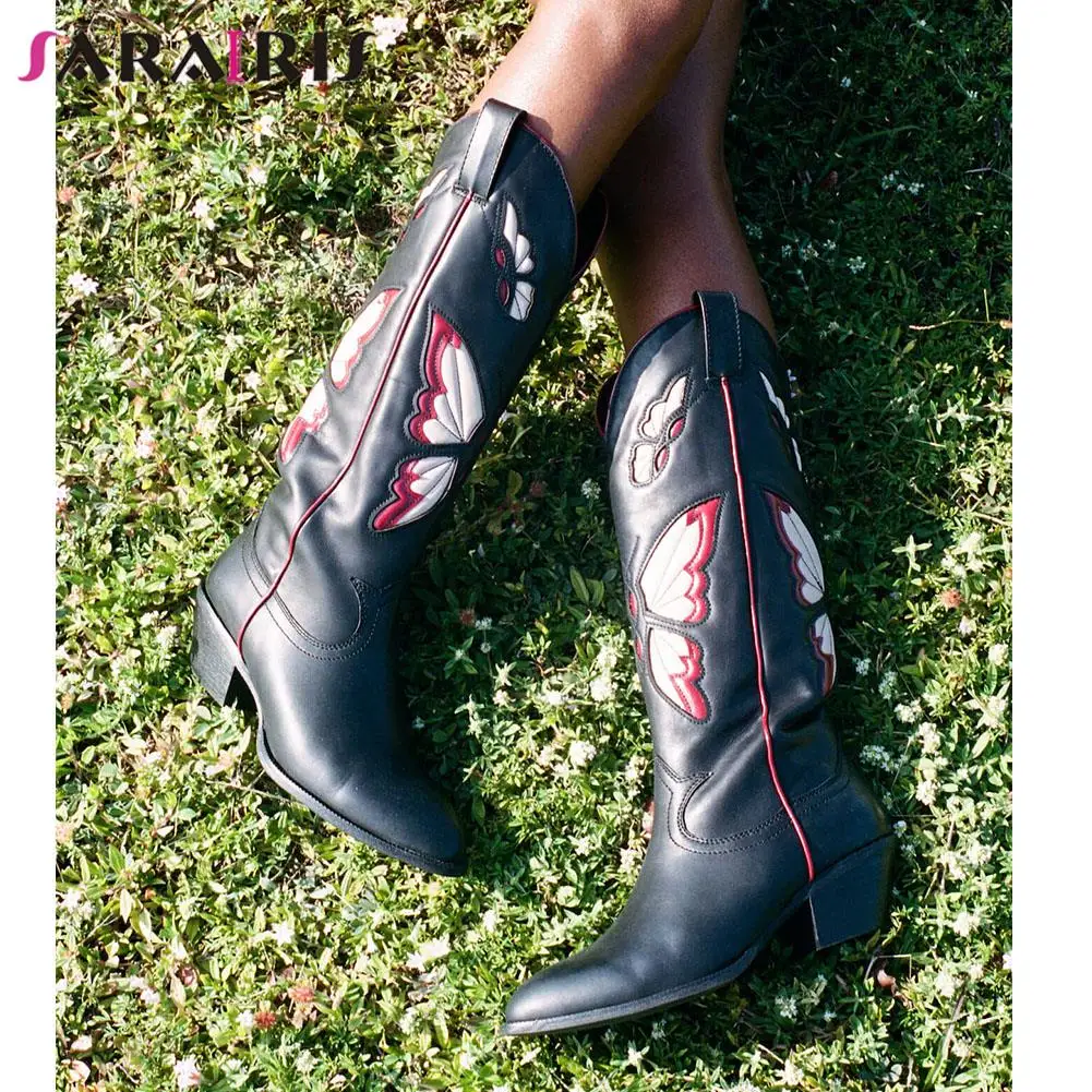 Brand New 2022 Autumn Winter Women's Western Mid Calf Boots Chunky Heels Butterfly Cowgirl Cowboy Long Boots Shoes For Woman