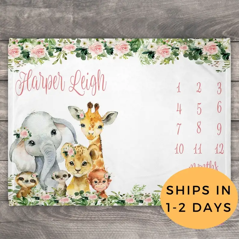 

Milestone Blanket Girl, Baby Girl Monthly Milestone Blanket, Personalized Baby Blanket Girl, Custom Baby Blanket, Elephant Blank