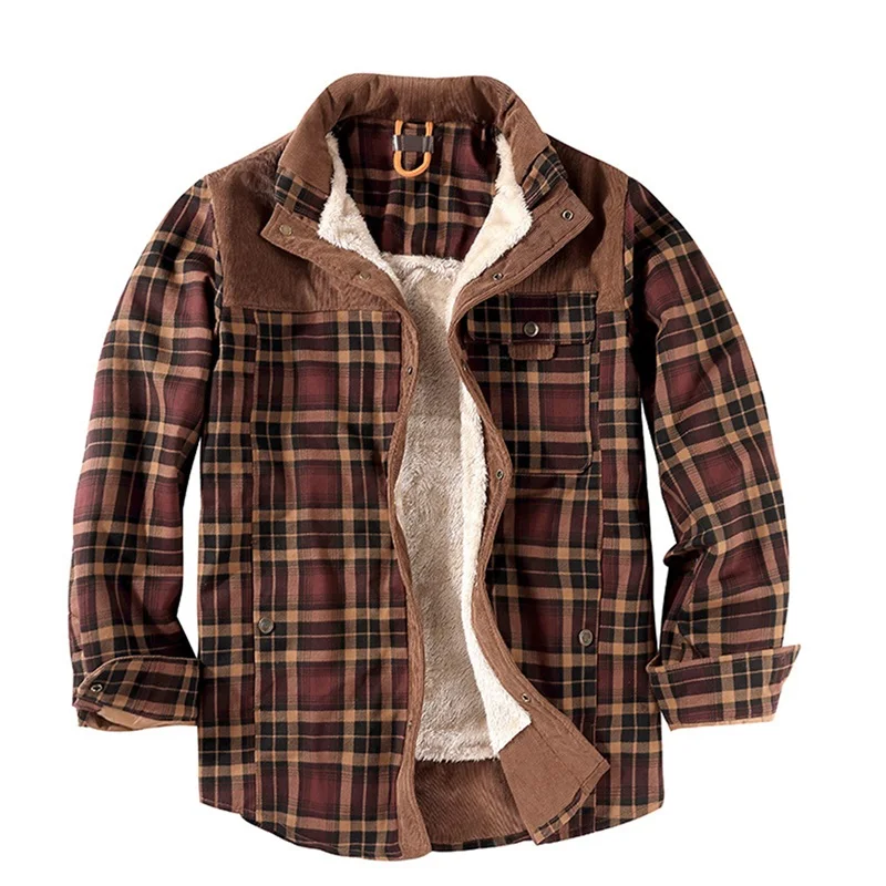 Мужская зимняя теплая клетчатая куртка-рубашка на флисовой подкладке с