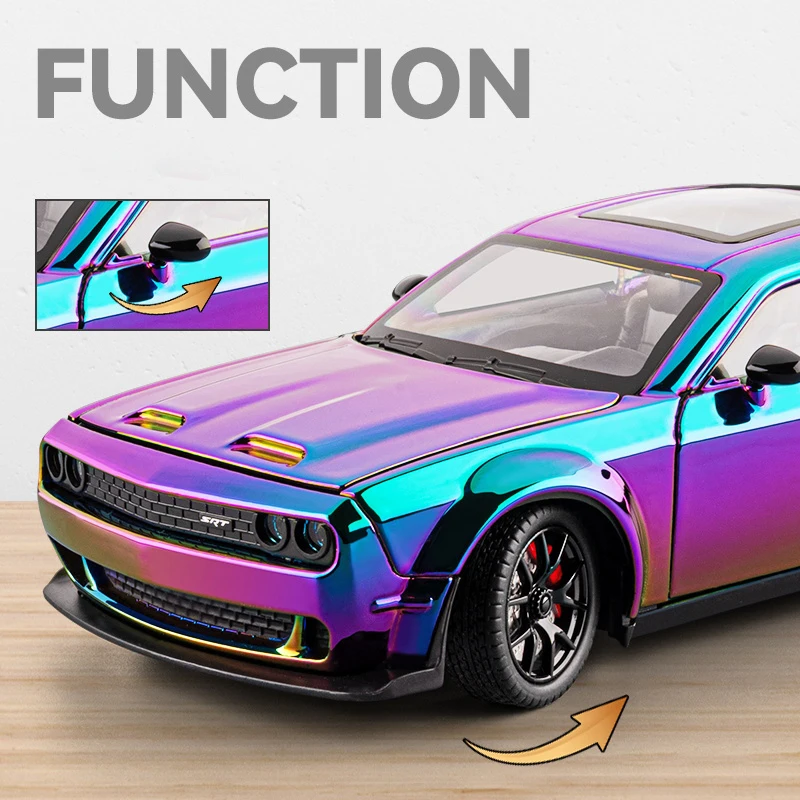 Фото 1:24 Dodge Challenger SRT Hellcat, гальваническая модель спортивного автомобиля из сплава, металлическая гоночная машина, модель автомобиля, звуковой свет, детская игрушка в подарок №4