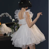 2021 summer kawaii fairy dress women vintage elegant sweet strap mini dresses lolita dresses backless ruffle white mesh cute
