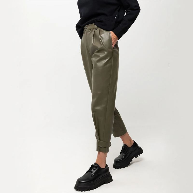 

Women Office Basic Button Zipper Harem Pants 2023 Casual Solid Color Real Pocket Loose Pu Leather Pant Fashion Autumn Trousers