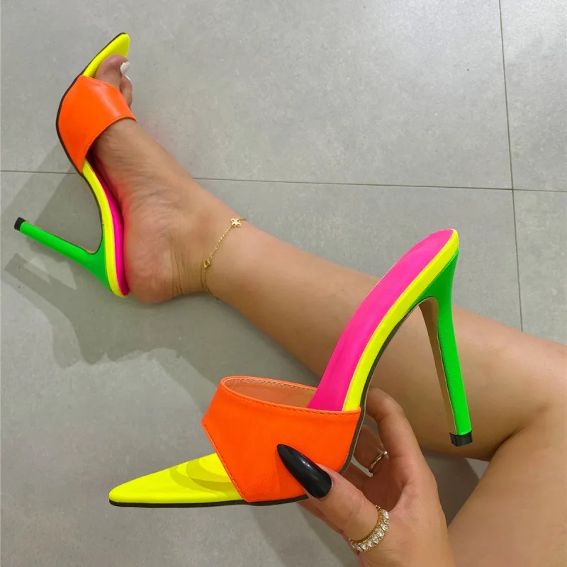

2023 New Sexy Pointed Toe Mules Lady Sexy High Heel Shoes Woman Slipper Summer Fashion Non Slip Slides Women Party Sandals 35-42
