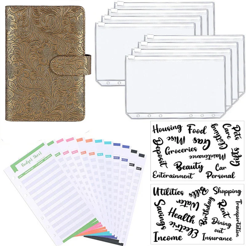 

A6 PU Leather Budget Binder Planner 6 Ring Binder Cover 8pcs Binder Pockets 12Pcs Expense Budget Sheets Office Stationery 1 set