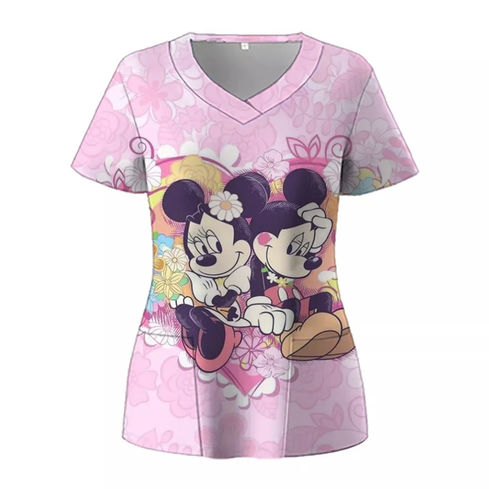 Disney Mickey Mouse Print Nurse Uniform Cute Minnie 3D V-Neck Pocket Medical Uniforms cartoon Nursing Scrubs Uniforme