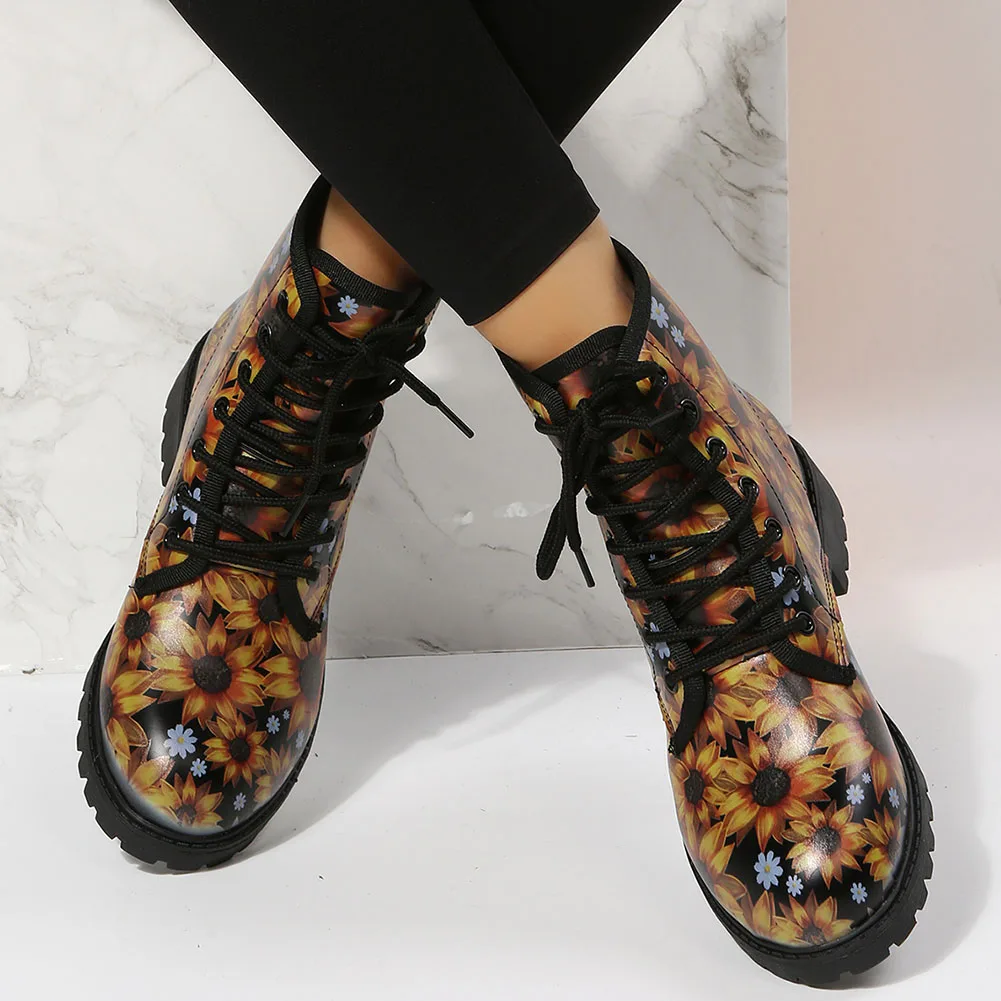 Plus Size 35-46 Brand New Ladies Chunky Heels Ankle Boots Fashion Lace-up Print women's Boots Casual Party Platform Woman Shoes