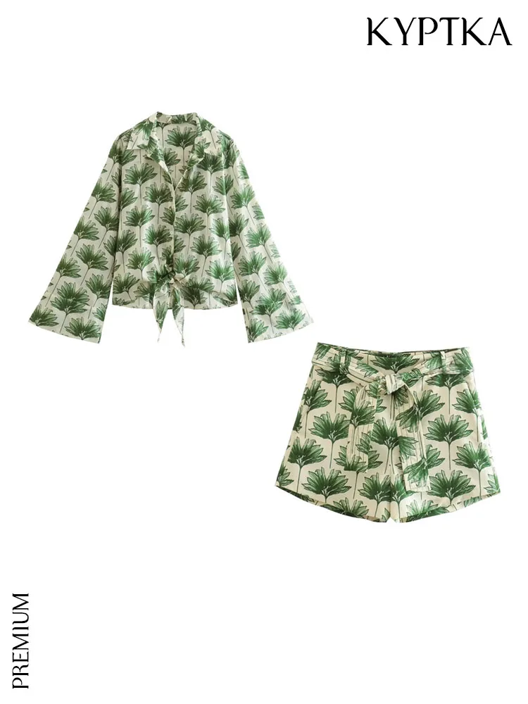 

KYPTKA Women Fashion With Bow Tied Printed Blouses And With Belt High Waist Side Zipper Shorts Female Two Piece Sets Mujer