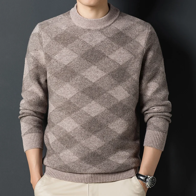 Men's Thick Sweater round Neck Winter Warm High Quality 100% Pure Wool Rhombus Jacquard Men's Knitwear