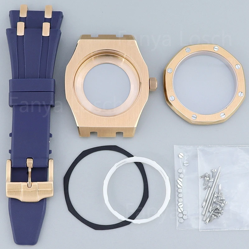 Часы из розового золота 41 мм восьмиугольные резиновые браслеты сапфировые