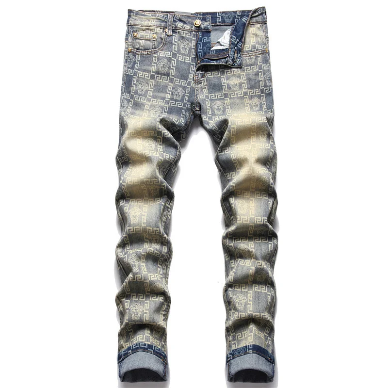 

Джинсы мужские зауженные с цифровым принтом, джинсовые брюки в стиле ретро, уличная одежда в стиле хип-хоп, оригинальный дизайн